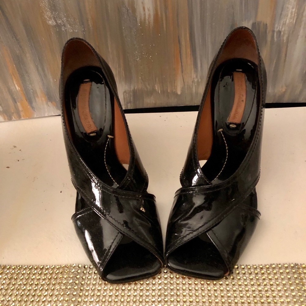 Black patent leather wedges